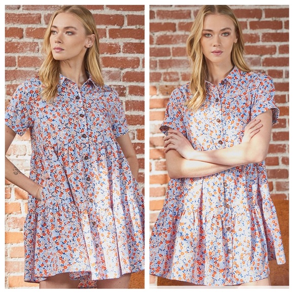 46 Boho Basic Collared Floral Short Sleeve Tiered Dress - Picture 8 of 10